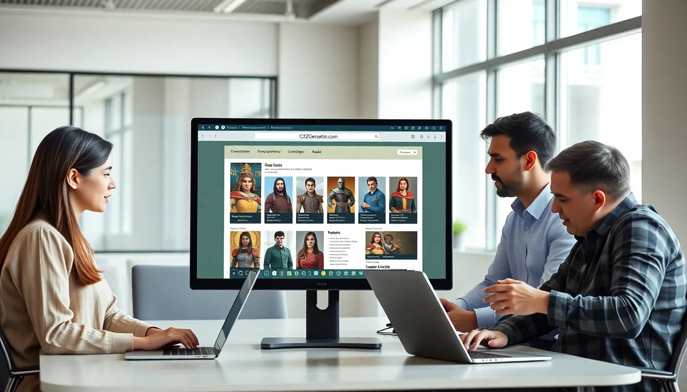 diverse gamers collaborating around a computer displaying Ck2Generator.com.