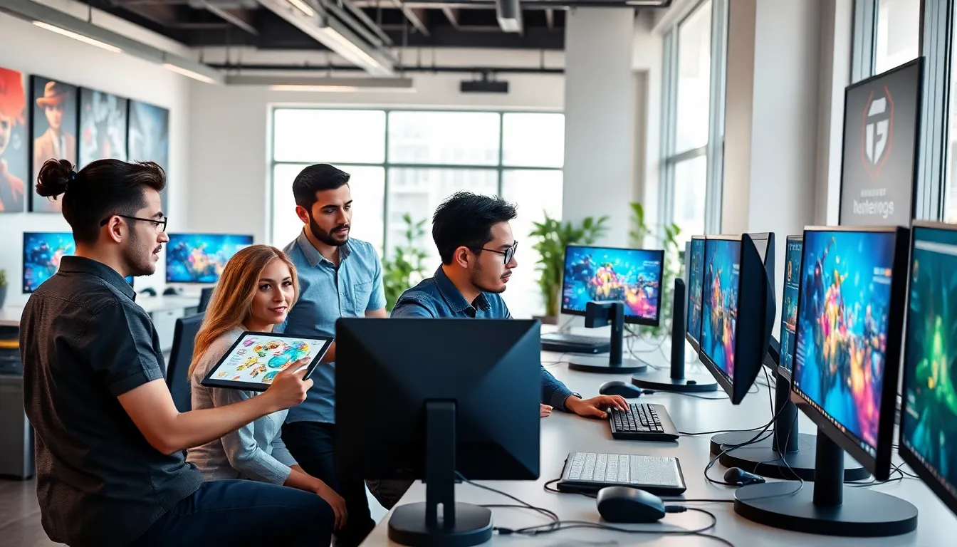 diverse team collaborating on game design in a modern office.