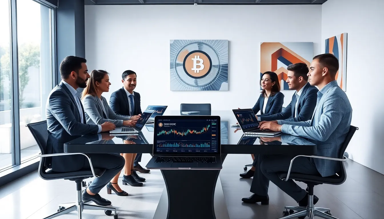 diverse team discussing Bitcoin and Bitcoin Bitclassic in a modern office.