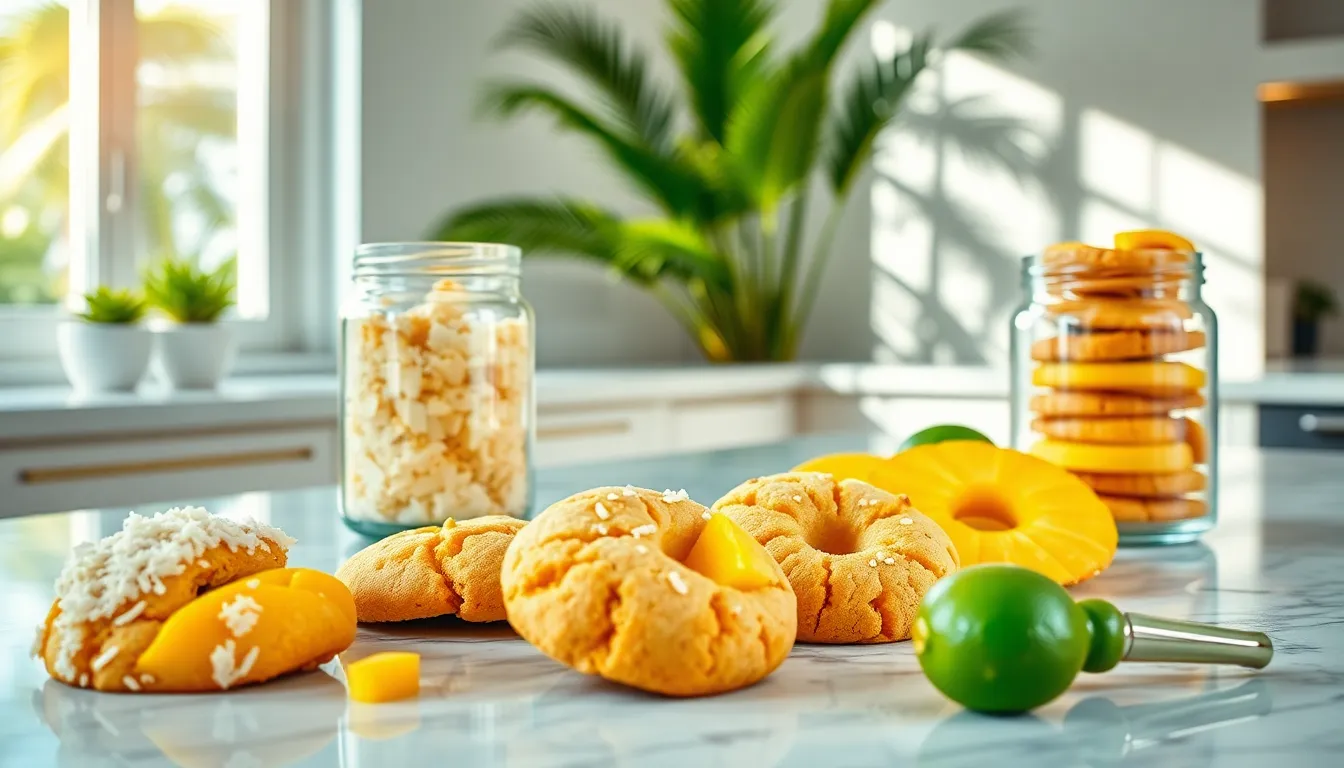 Tropical cookies displayed in a bright, modern kitchen setting.