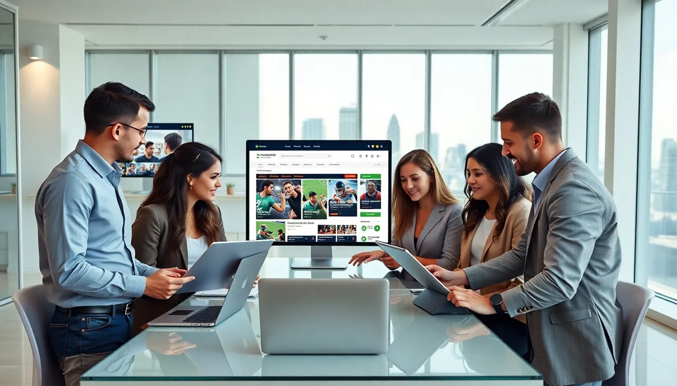 diverse professionals discussing sports in a modern office setting.