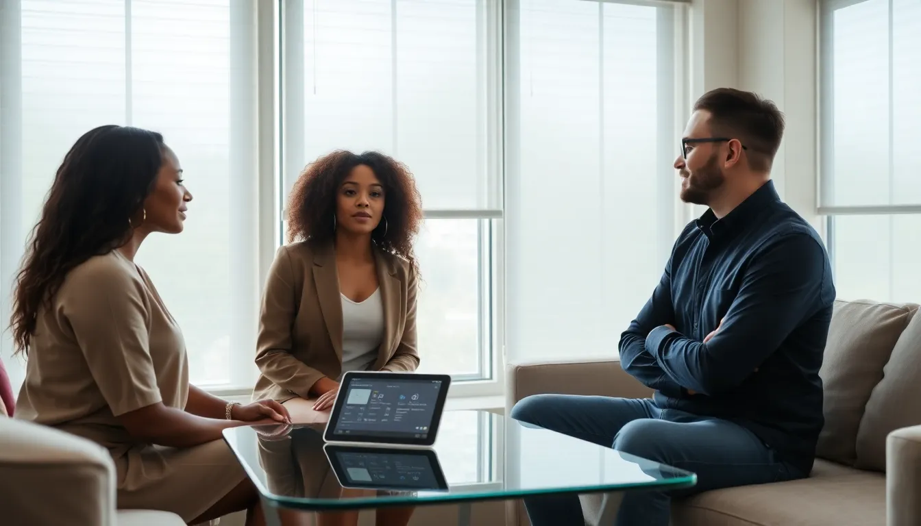 professionals discussing smart blinds in a stylish modern living room.