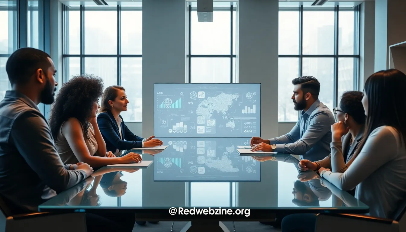 diverse team discussing digital trends in a modern office.