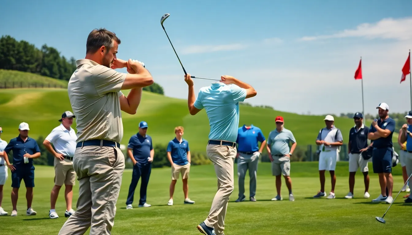 football player teeing off on a sunny golf course.