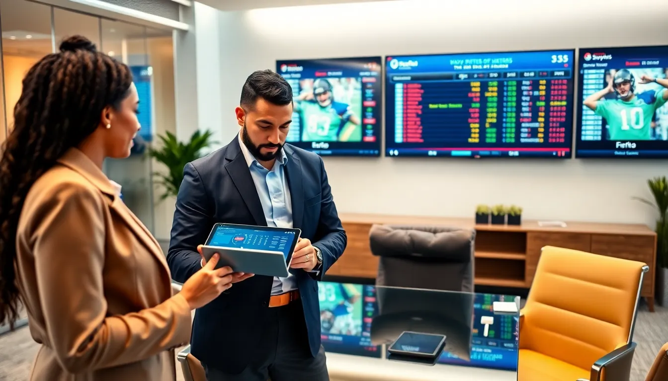 diverse professionals collaborating around a digital sports betting platform.