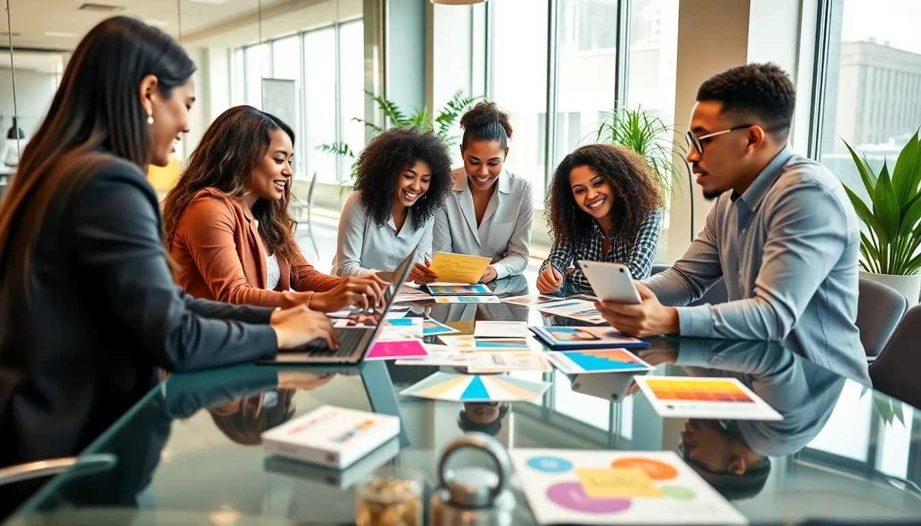 diverse team collaborating on event planning in a bright office.