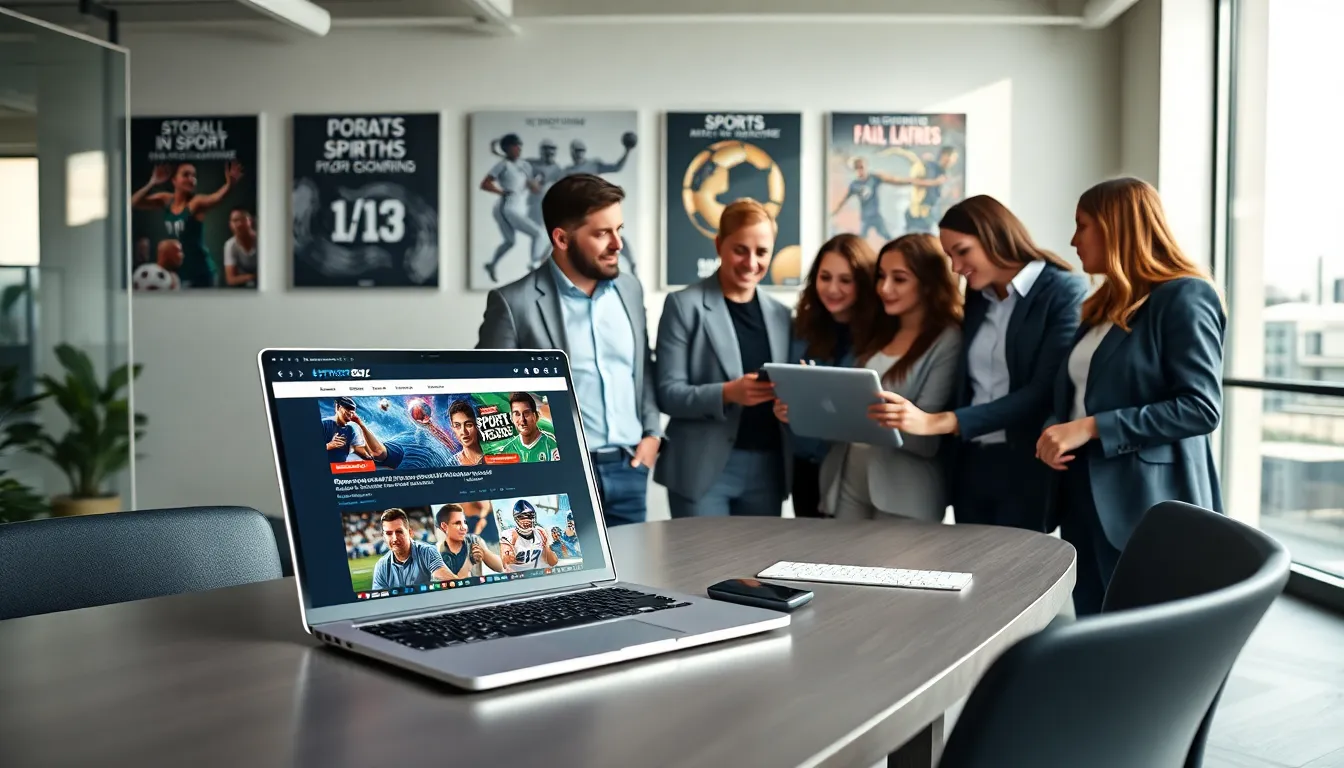 Professionals discussing sports news in a modern office.