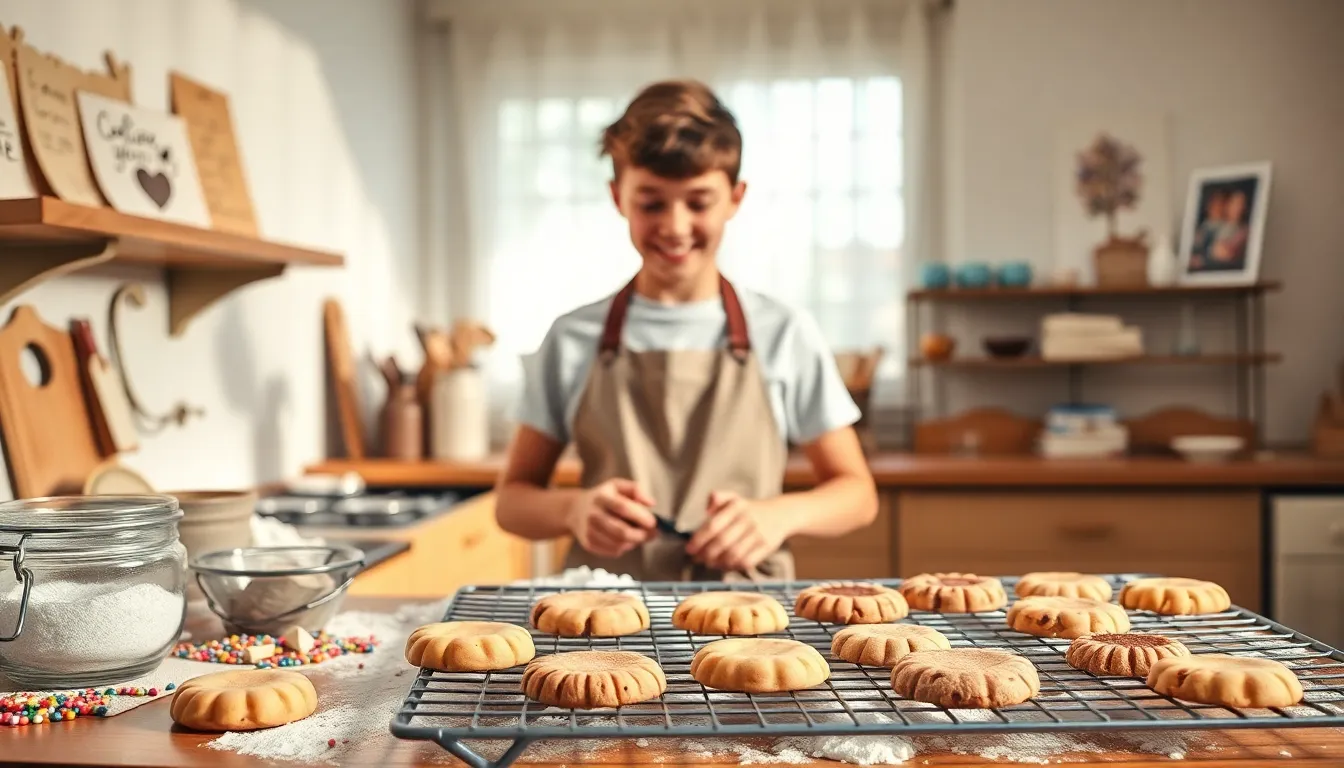 a baker in a cozy kitchen creating joyful cookies.