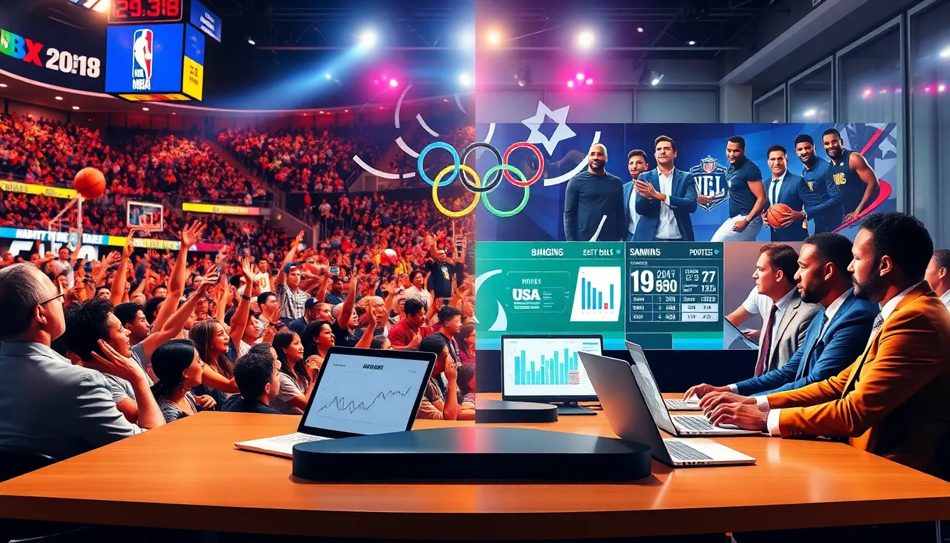 Collage of NBA finals and NFL draft analysis in a modern sports setting.