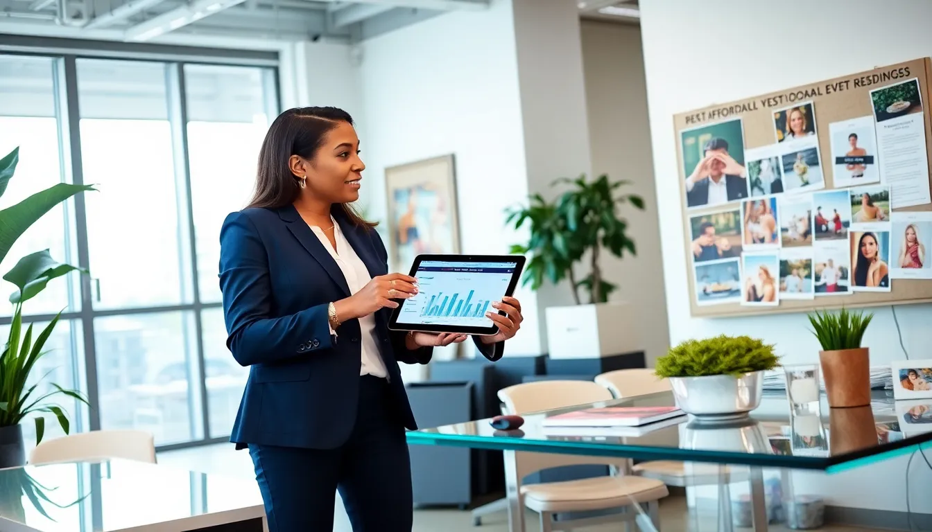event planner discussing creative, budget-friendly ideas in a modern office.